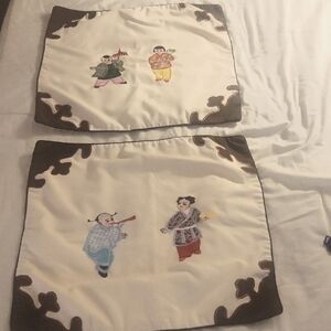 Set of Asian Embroidered Square Pillow Covers with Brown Accents